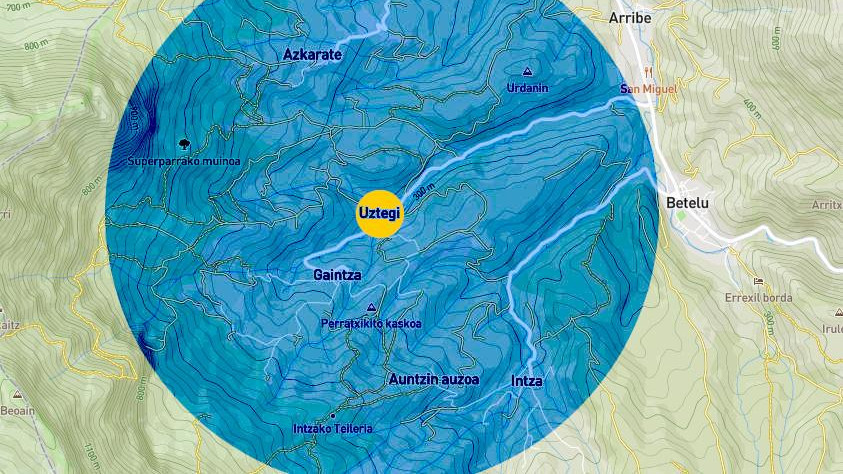 Araizko mapa Uztegiko instalazioan zentratua eta bere akzio erradioa